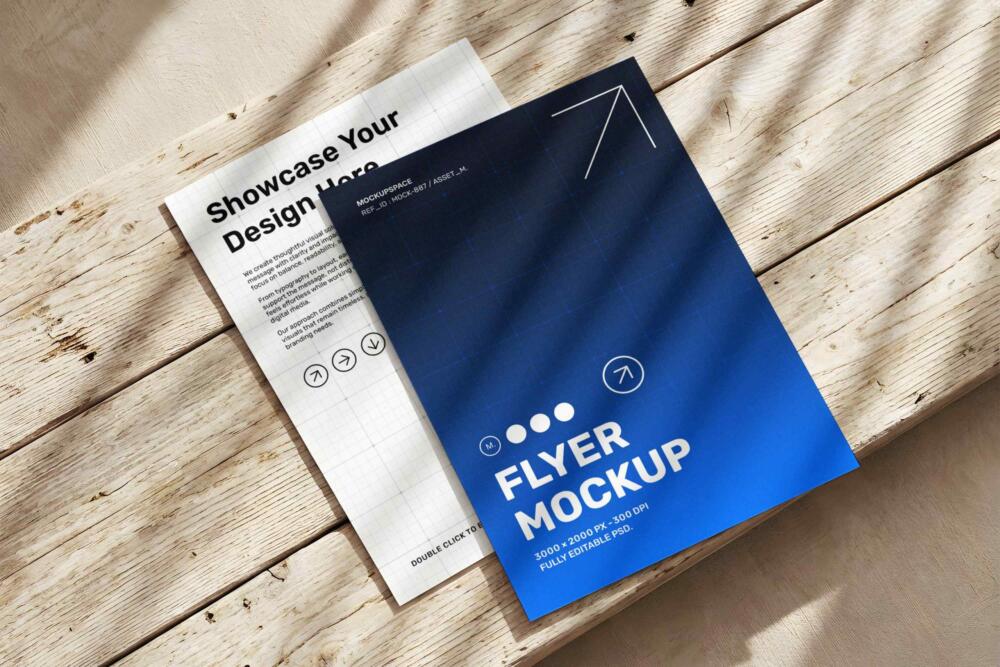 Realistic Flyer Mockup on Wooden Surface