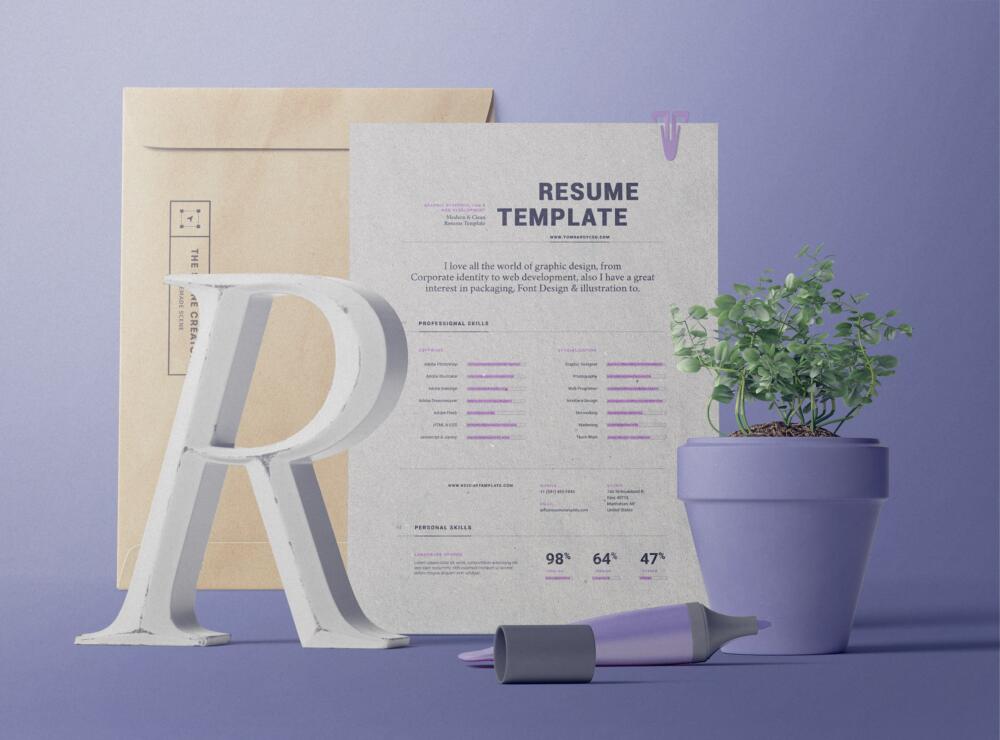 Rezume Paper And Folders Mockup Front View