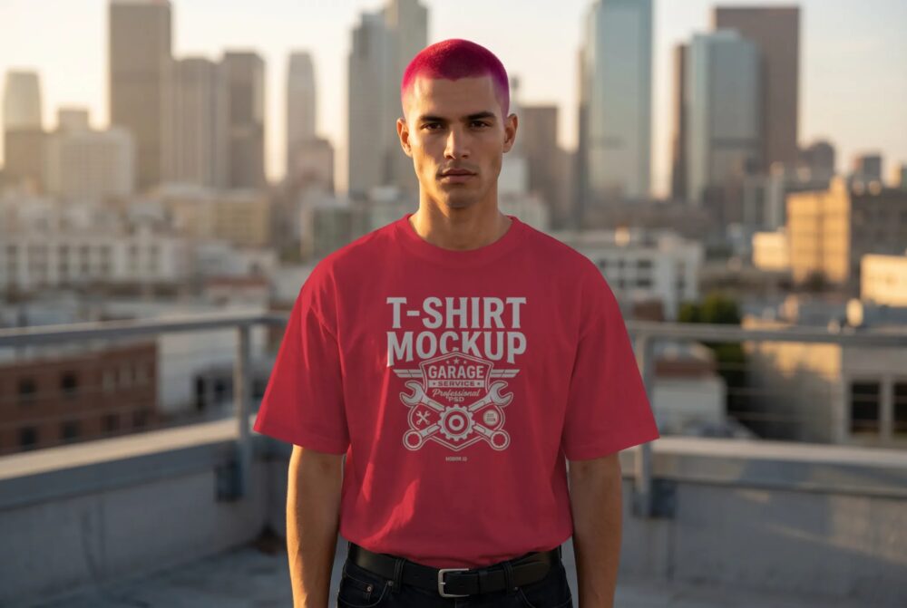 Rooftop T-Shirt Mockup with Downtown Skyline PSD