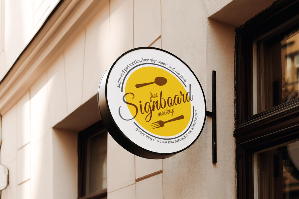Round Cafe Sign Mockup on European Coffee Shop Facade