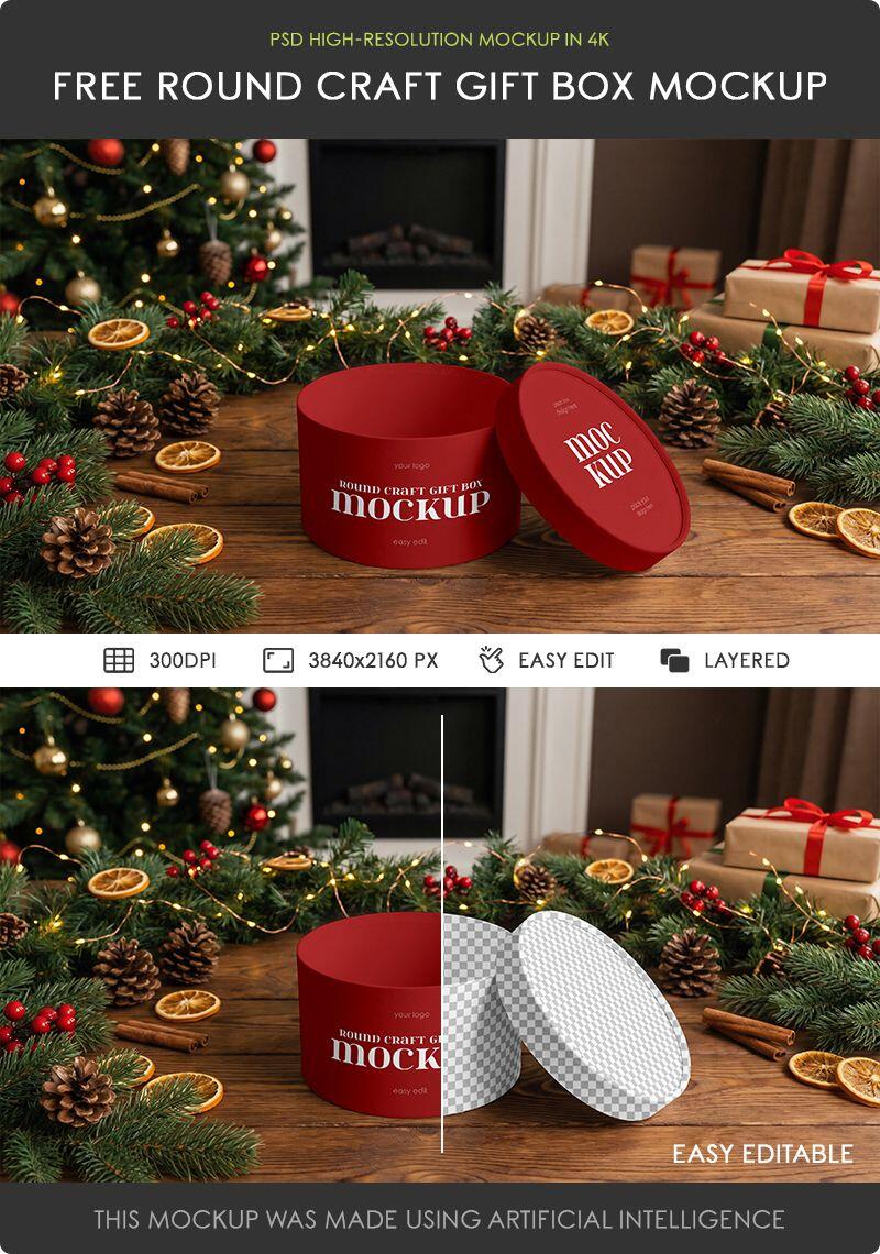 Round Craft Gift Box Mockup