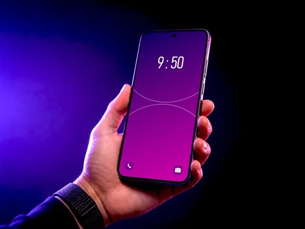 Samsung S25 Mockup Held In Hand — Neon Lockscreen Scene (PSD)