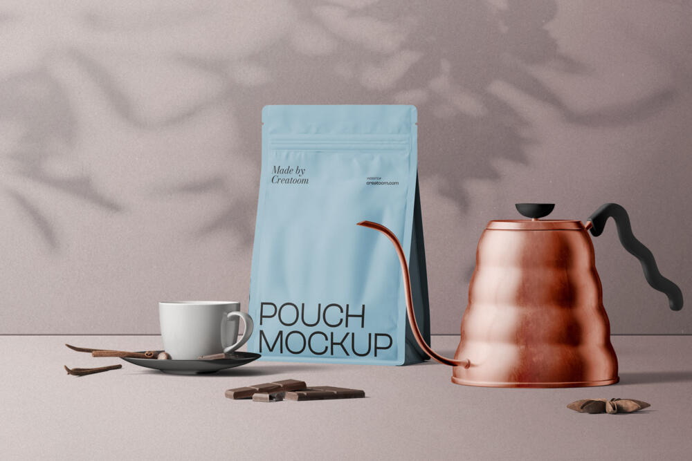 Scene With Coffee Pouch Mockup And Cup Front View