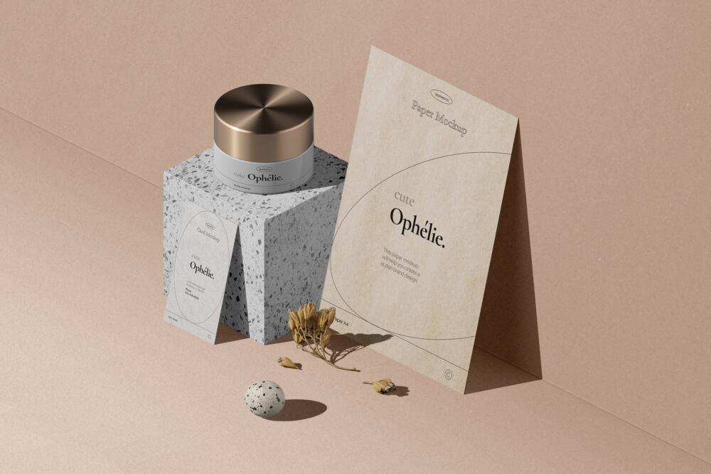 Set Of Bottle And Paper For Branding Cosmetics Mockup Isometric