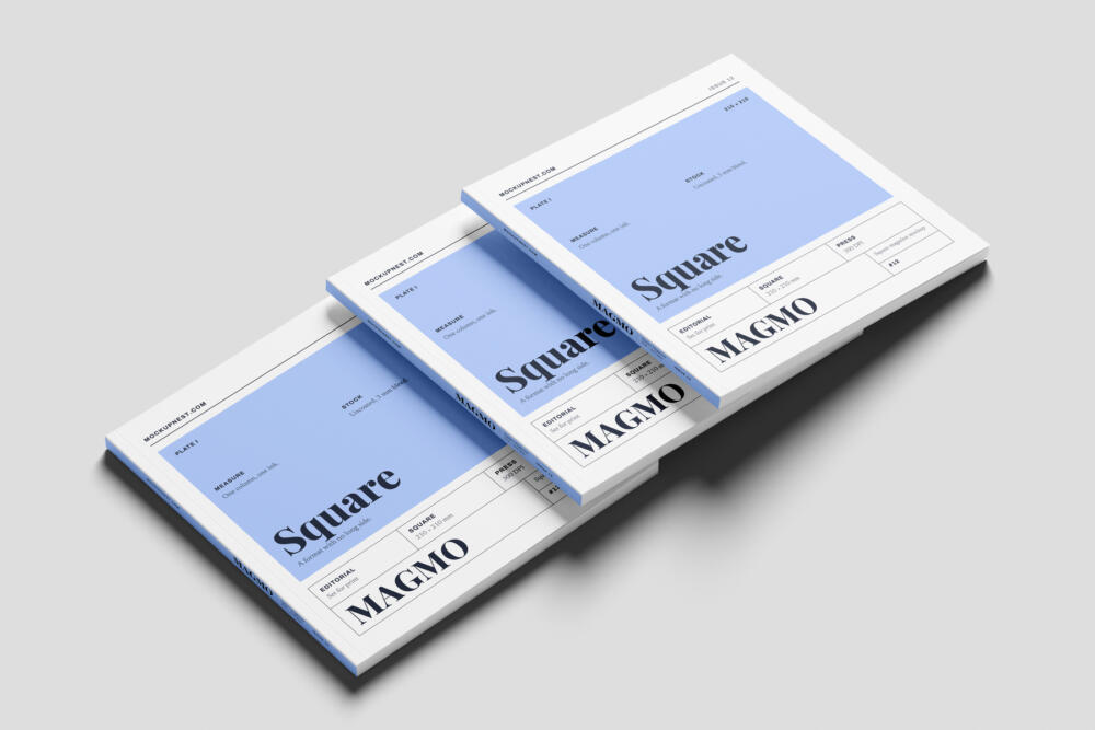 Square Editorial Magazine Mockup PSD Angled Perspective Set