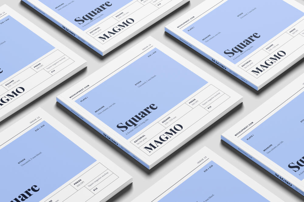 Square Editorial Magazine Mockup PSD On Surface Angled Perspective