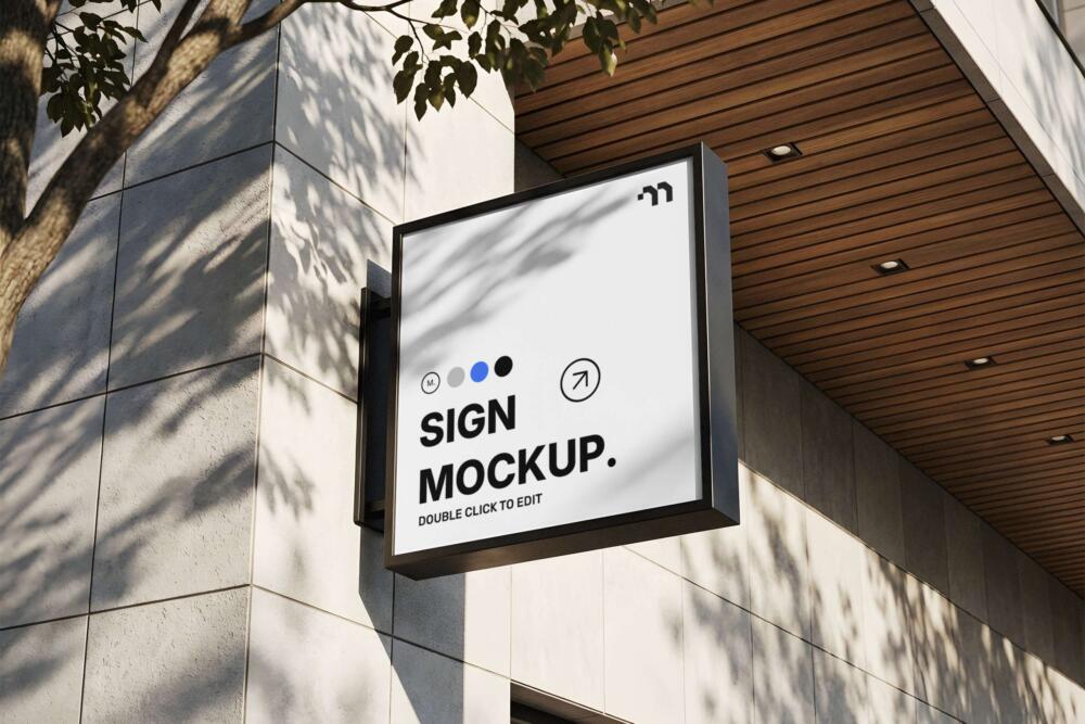 Square Hanging Sign Mockup on Stone Wall