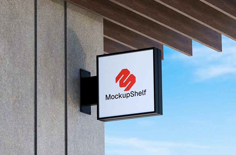 Square Logo Sign Mockup on Building PSD, Outdoor Storefront Scene