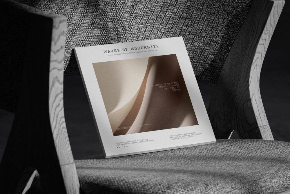 Square Magazine Cover Mockup on Textured Fabric Chair