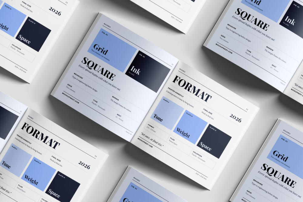 Square Modern Magazine Mockup PSD Angled View Set
