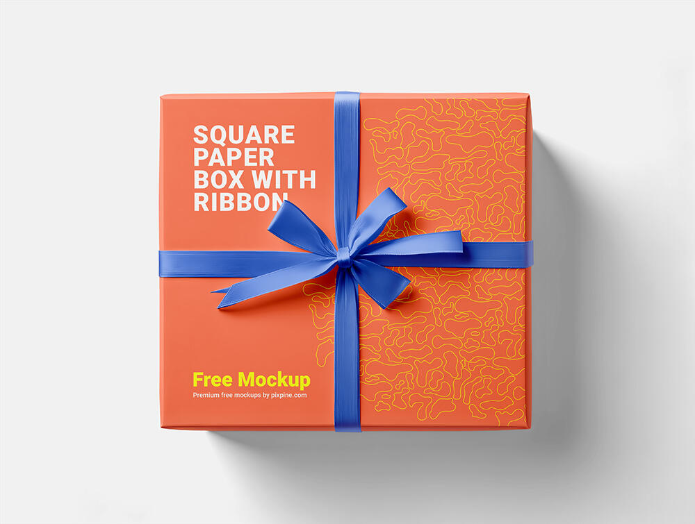 Square Paper Box with Ribbon Mockup