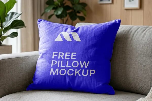 Square Pillow Mockup On Sofa — Living Room Lifestyle Scene (PSD)