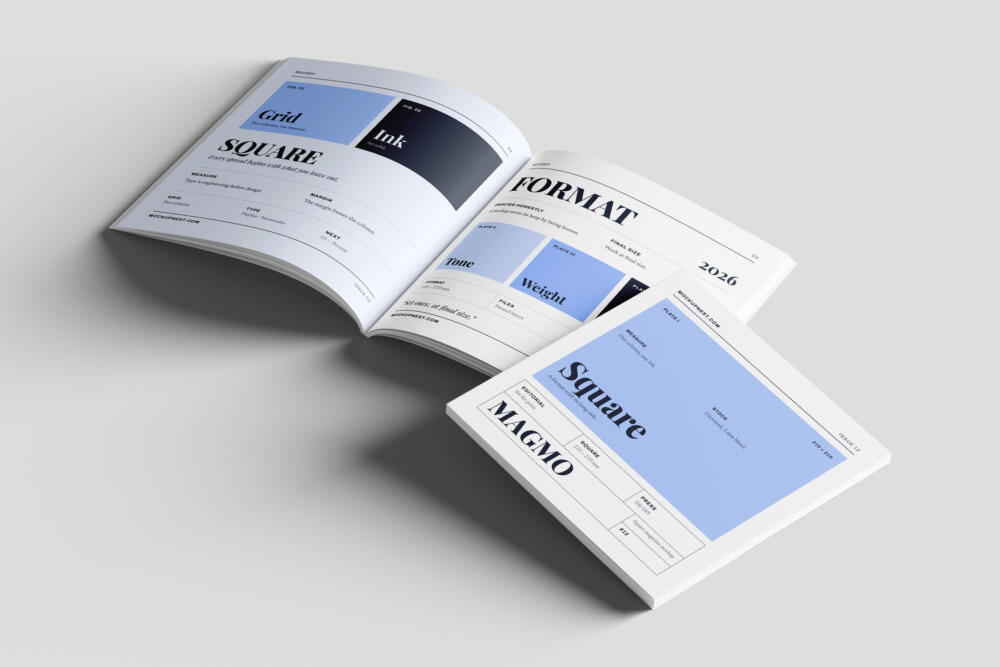 Square Print Magazine Mockup PSD On Surface