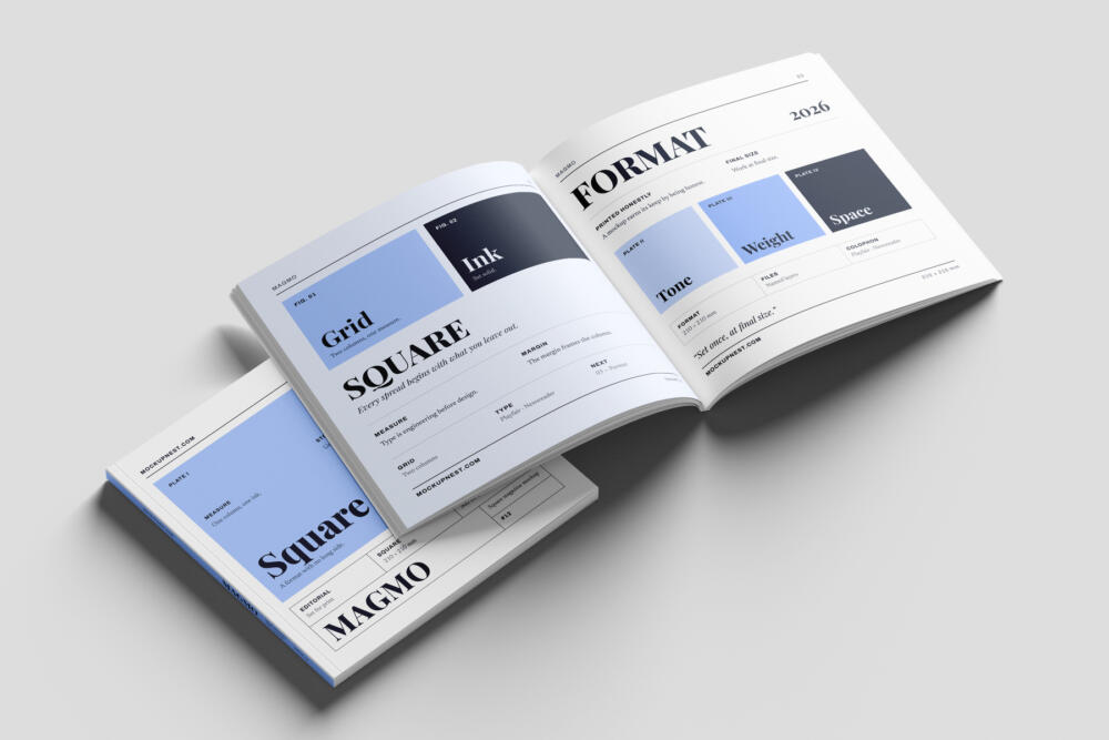 Square Professional Magazine Mockup PSD Open Spread