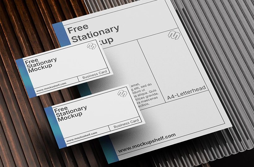 Stationery Mockup on Wood Surface PSD, Ribbed Texture Scene
