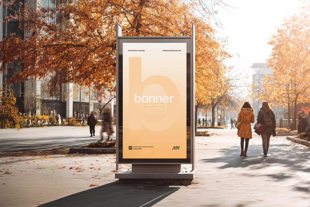 Street Billboard Mockup in Autumn City Park Scene
