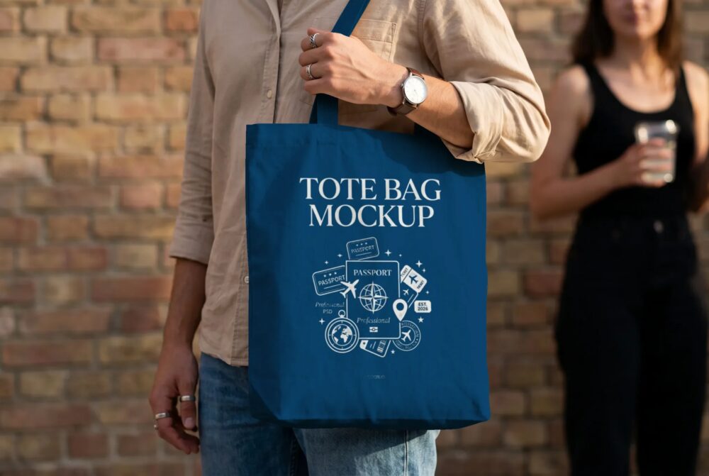 Street Style Tote Bag Mockup with Brick Wall