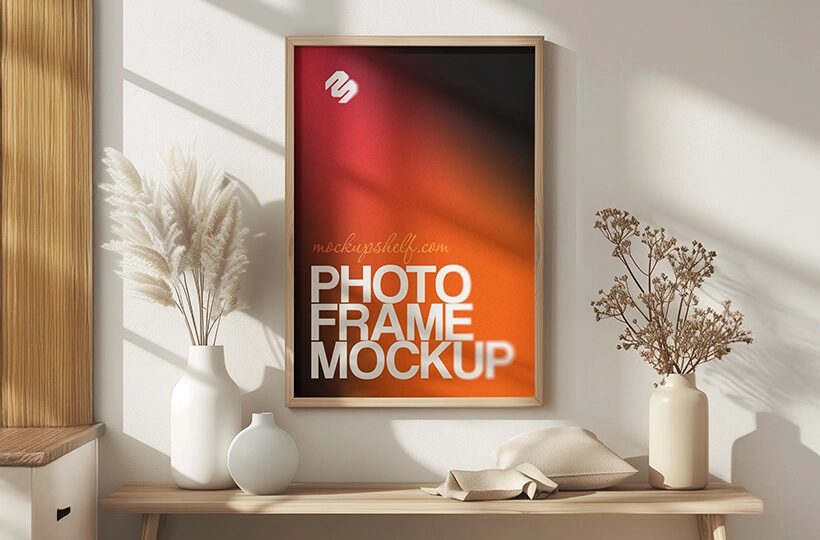 Sunlit Wall Photo Frame Mockup PSD, Interior Scene