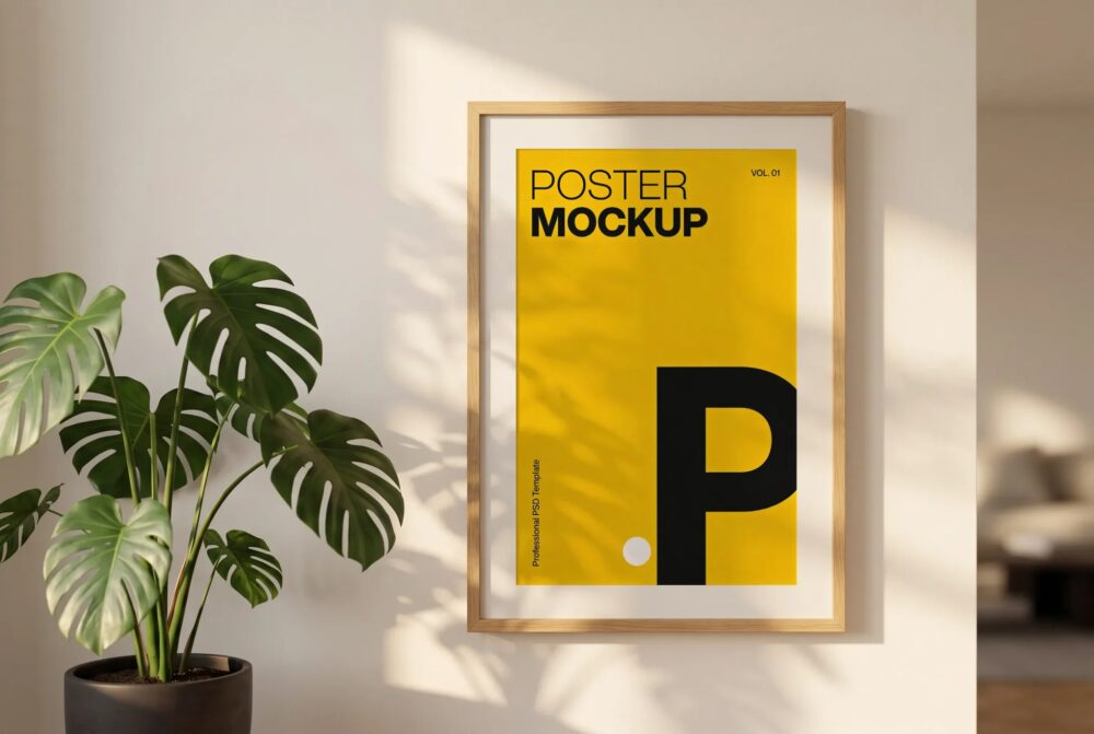 Sunlit Wall Poster Mockup with Monstera Plant