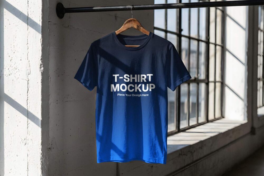 T-Shirt Mockup on Hanger in Loft Setting