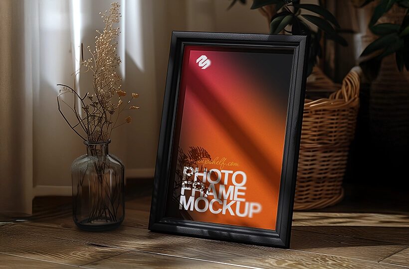Table Photo Frame Mockup PSD, Styled Decor Scene