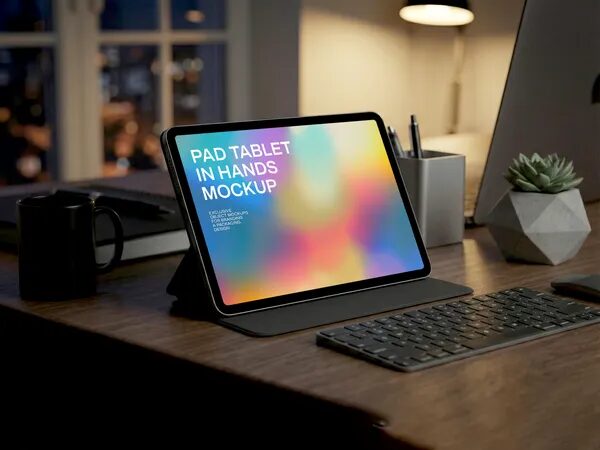 Tablet Keyboard Case Mockup — Modern Workspace Setup (PSD)