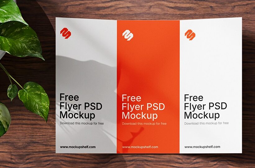 Trifold Flyer Mockup on Desk PSD, Lifestyle Workspace Scene