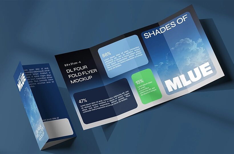 Trifold Flyer Mockup on Wooden Surface