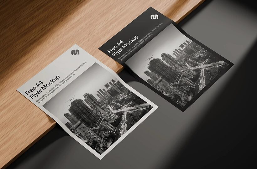 Two A4 Flyer Mockup on Wooden Plank, PSD