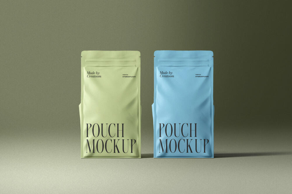 Two Pouch Mockups On Metal Table Front View | Mockup store