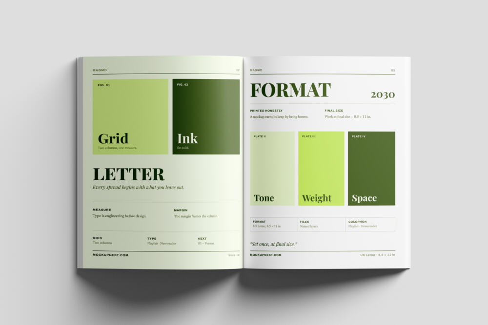 US Letter Branding Magazine Mockup Top View Open