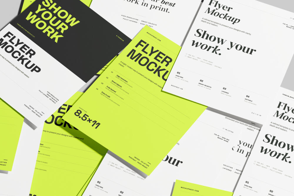US Letter Flyer Poster Mockup Top View Set