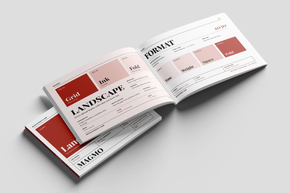 US Letter Horizontal Editorial Magazine Mockup Open Spread