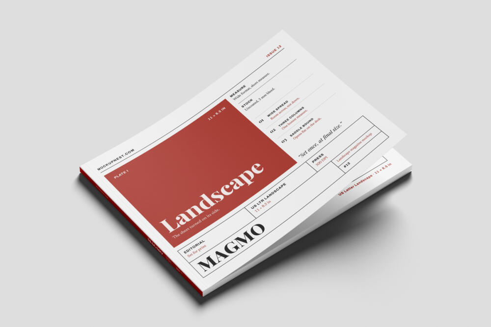 US Letter Horizontal Publishing Magazine Mockup On Surface