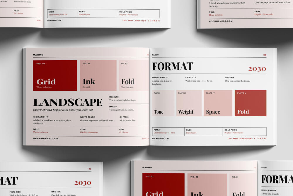 US Letter Landscape Professional Magazine Mockup Open Set