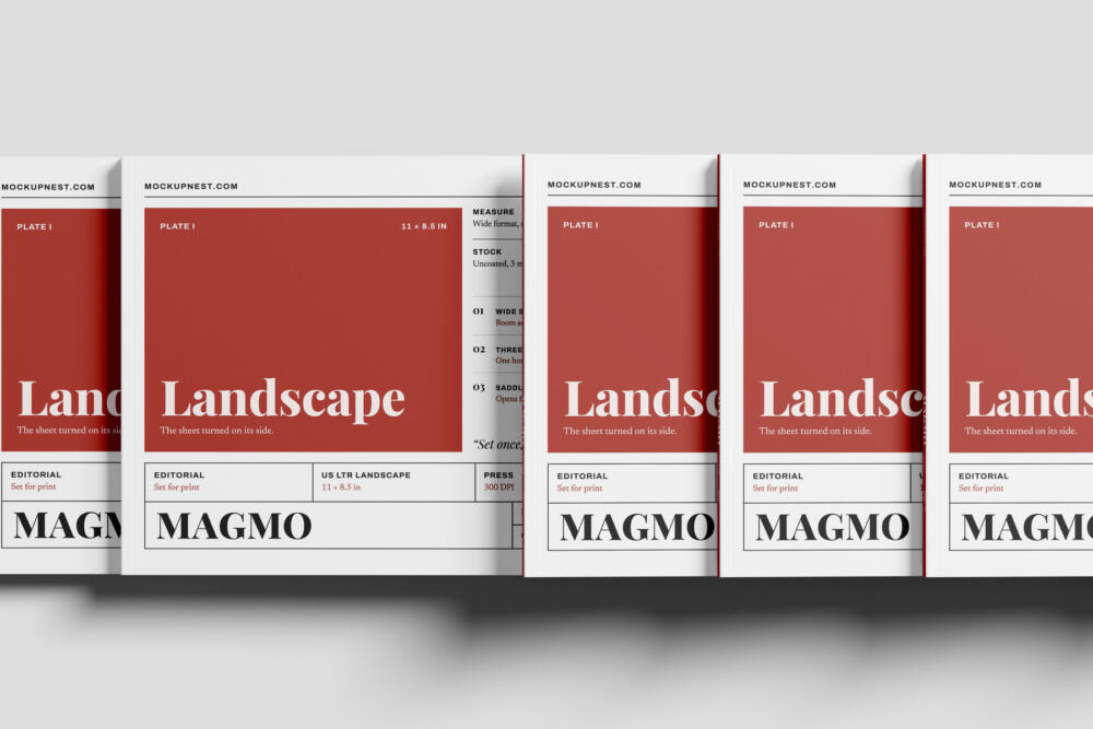US Letter Landscape Publishing Magazine Mockup On Ledge