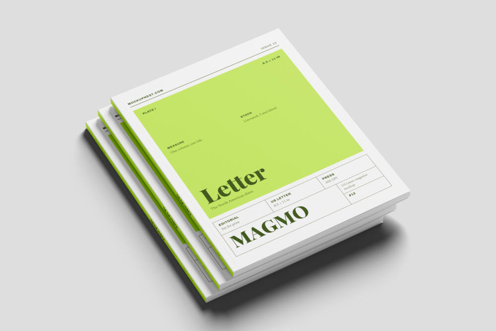 US Letter Magazine Mockup On Surface Angled View