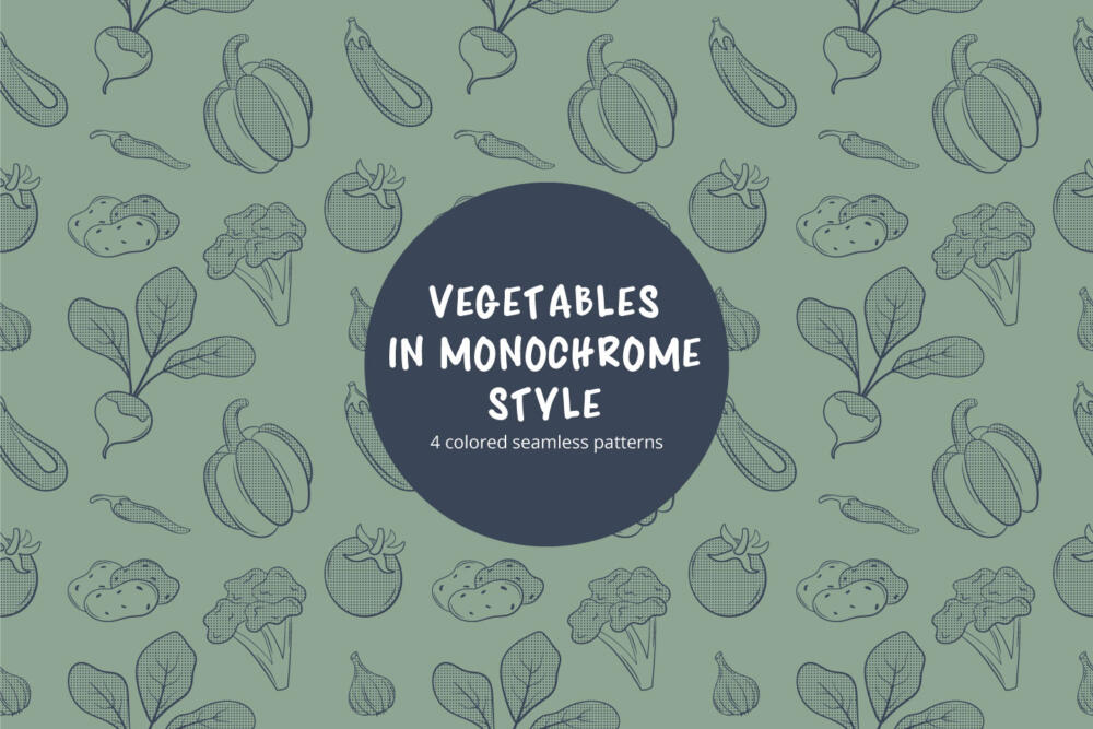 Vegetables Vector Pattern in Monochrome Style