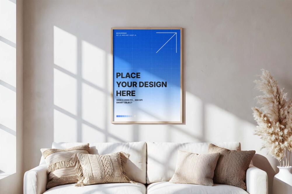 Vertical Poster Frame Mockup in Modern Living Room