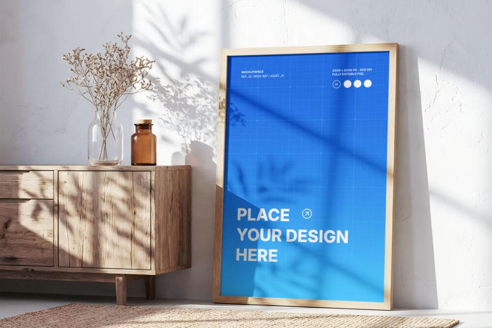 Vertical Wood Frame Mockup in Minimalist Sunlit Room