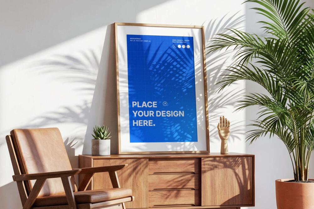 Vertical Wooden Frame Mockup on Sideboard with Shadows