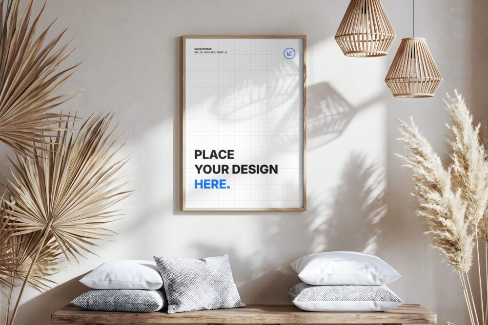 Vertical Wooden Poster Frame Mockup in Boho Interior