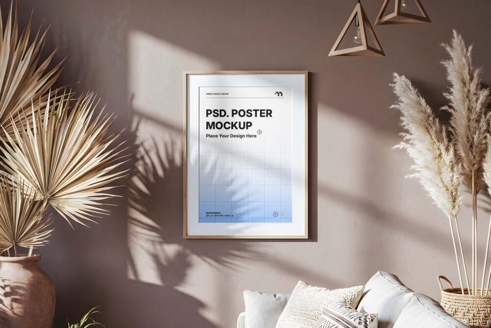 Wooden Frame Poster Mockup in Boho Interior