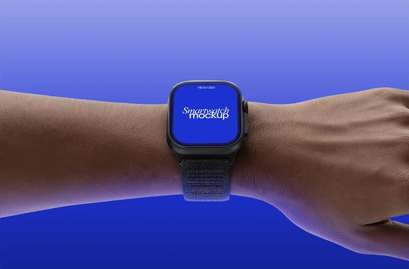 Wrist Smartwatch Mockup PSD, Gradient Blue Studio Scene